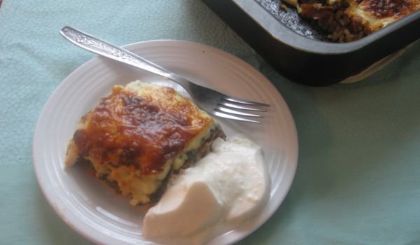 Мусака с ориз, месо и спанак