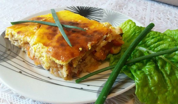 Мусака с тиквички, ориз и домати