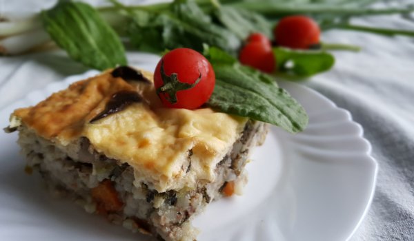 Мусака с воденички, дробчета и ориз