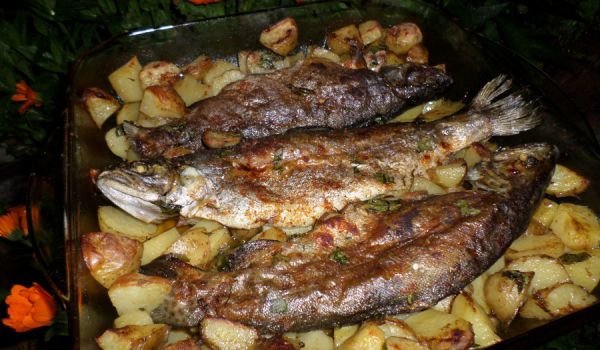 Печена пъстърва с картофи