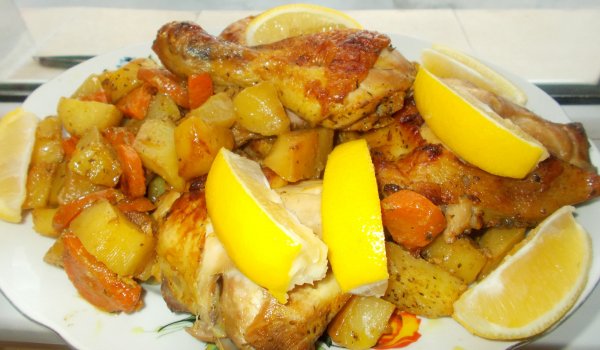 Печени бутчета с картофи и моркови
