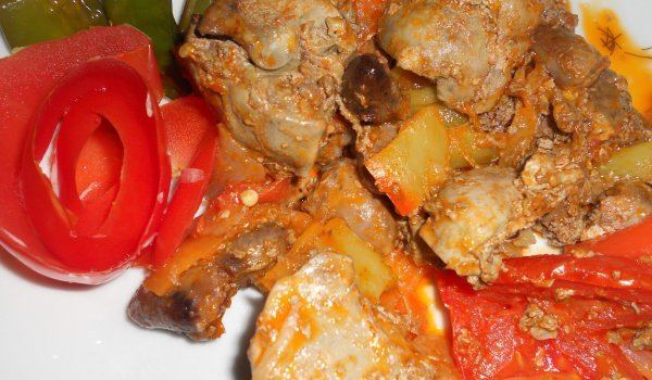 Пилешки сърца с дробчета по селски