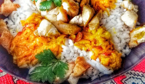 Пуешки гърди с кокосово мляко, ориз и зеленчуци