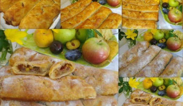 Щрудел с ябълки, сини сливи и праскова