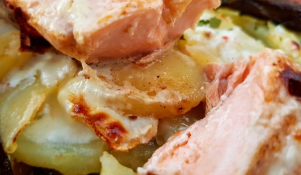 Сьомга с козе сирене и канапе от картофки
