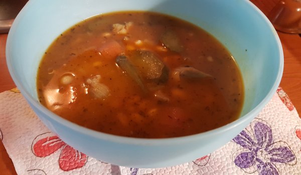 Свинско месо със зеленчуци и домашен боб